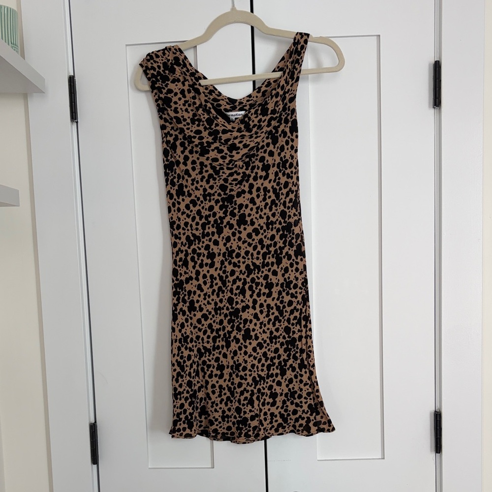 Reformation Kristine Asymmetric Off the Shoulder Leopard Mini dress